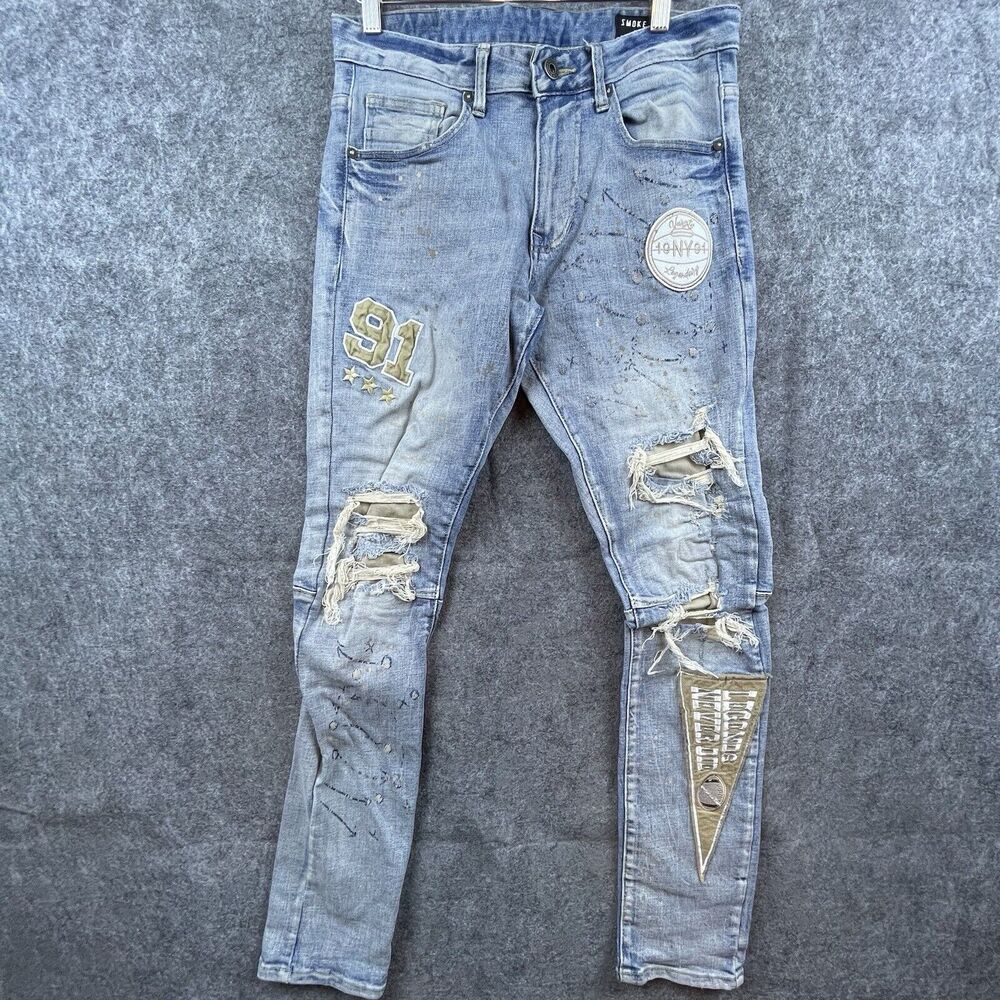 Smoke Rise Jeans Mens 30 Skinny Paint Ripped Patches Varsity Thrashed Streetwear